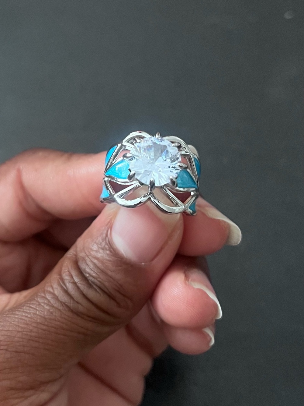 Silver-Tone Turquoise Blue Enamel Flower Ring with Clear Center Stone
